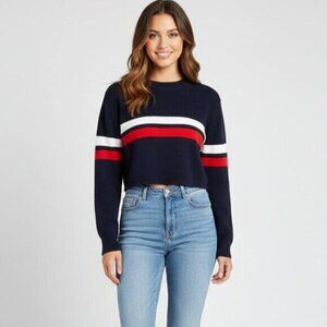 Bluenotes Women's Sweater Top Knit Cropped Stripe Long sleeve Navy Blue Medium